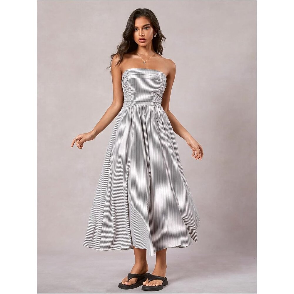 Women's Gray Strapless Maxi Dress Summer Tube Top Long With Pocket - Picture 3 of 5